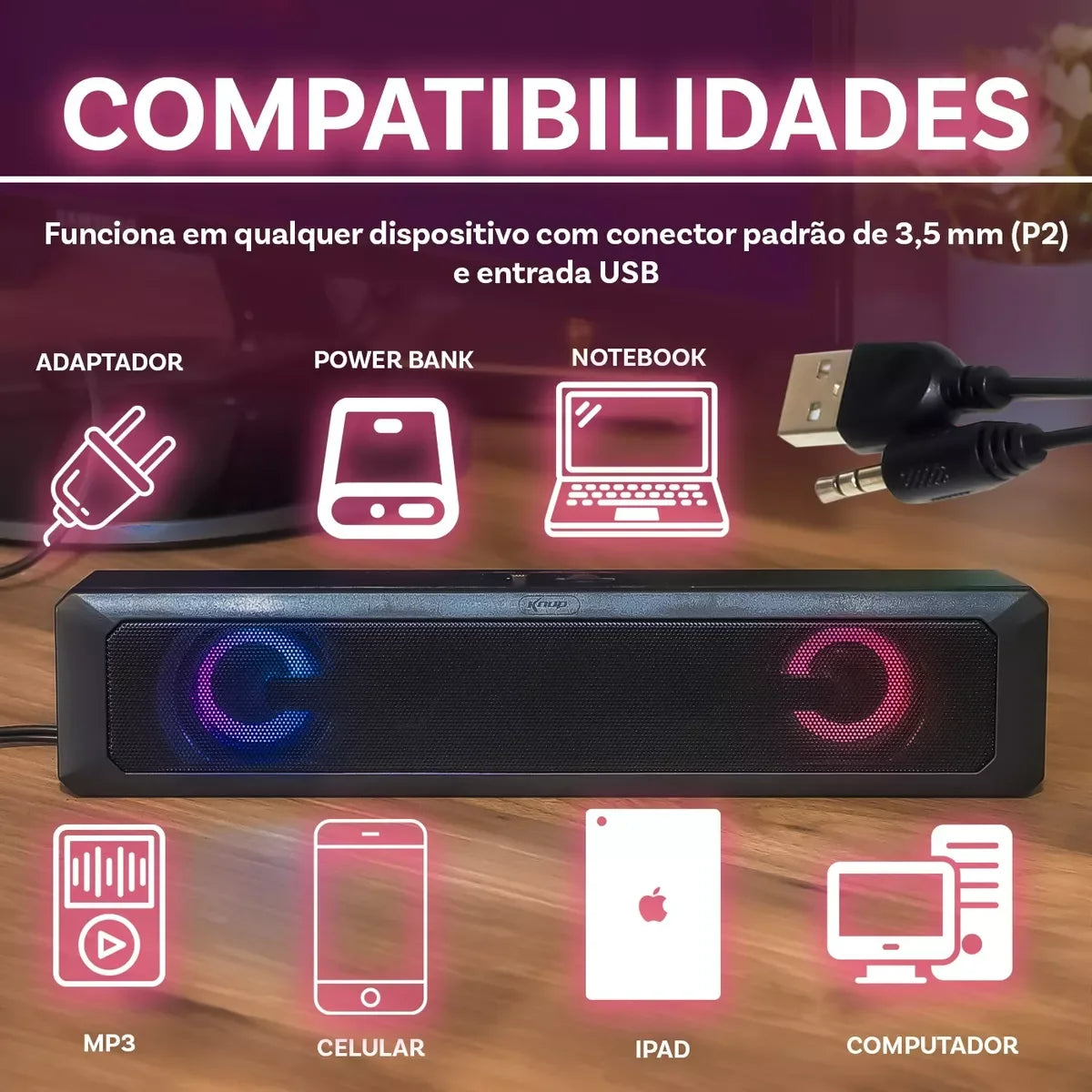 Caixa de som 6W USB P2 LED RGB para TV, PC, Notebook, Celular e Tablet Som Poderoso HI FI Estéreo Plug and Play Cabo Longo